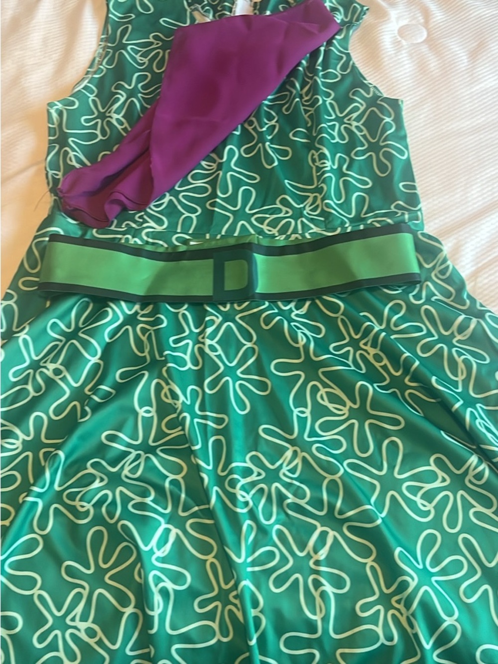 Adult Inside out Disgust costume. Green Patterned Dress with Purple Sash